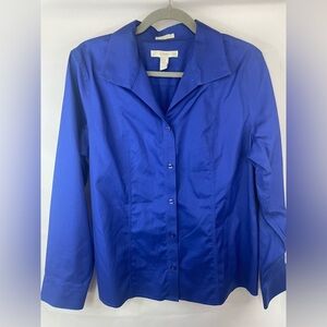 Chicos Royal blue button down. No iron and 100% cotton. Some discoloring on tag.